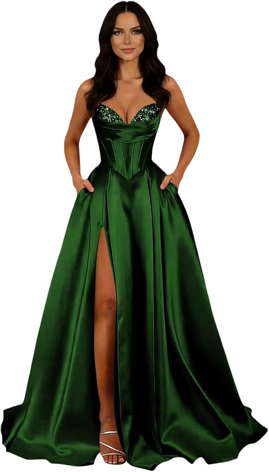 Aline satin prom dress with sequins ruched corset slit