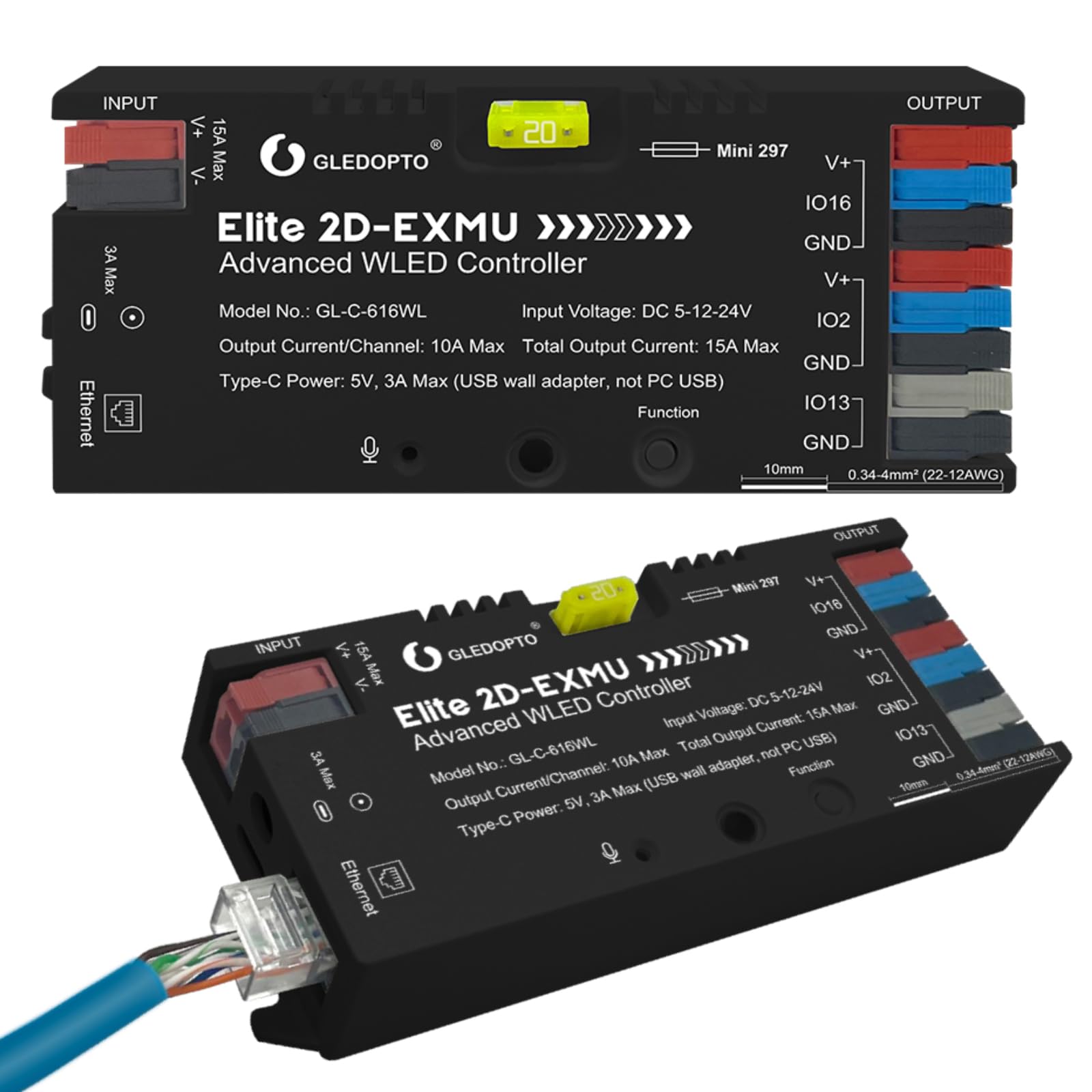 GLEDOPTO Controlador WLED ESP32 con Ethernet, Sensible al Sonido, UART 20A Fusible Enchufable para WS2811, WS2812, SK6812, WS2815, Tira de luz RGB Digital Direccionable IC (616WL)