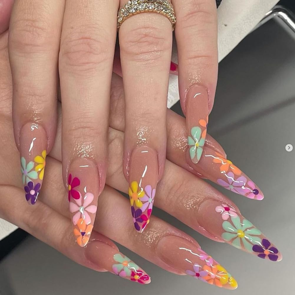 24pcs Almond Shaped Press On Nails with Multi-Colored Flowers Design, Long Artificial Nails Stick Ons For Women