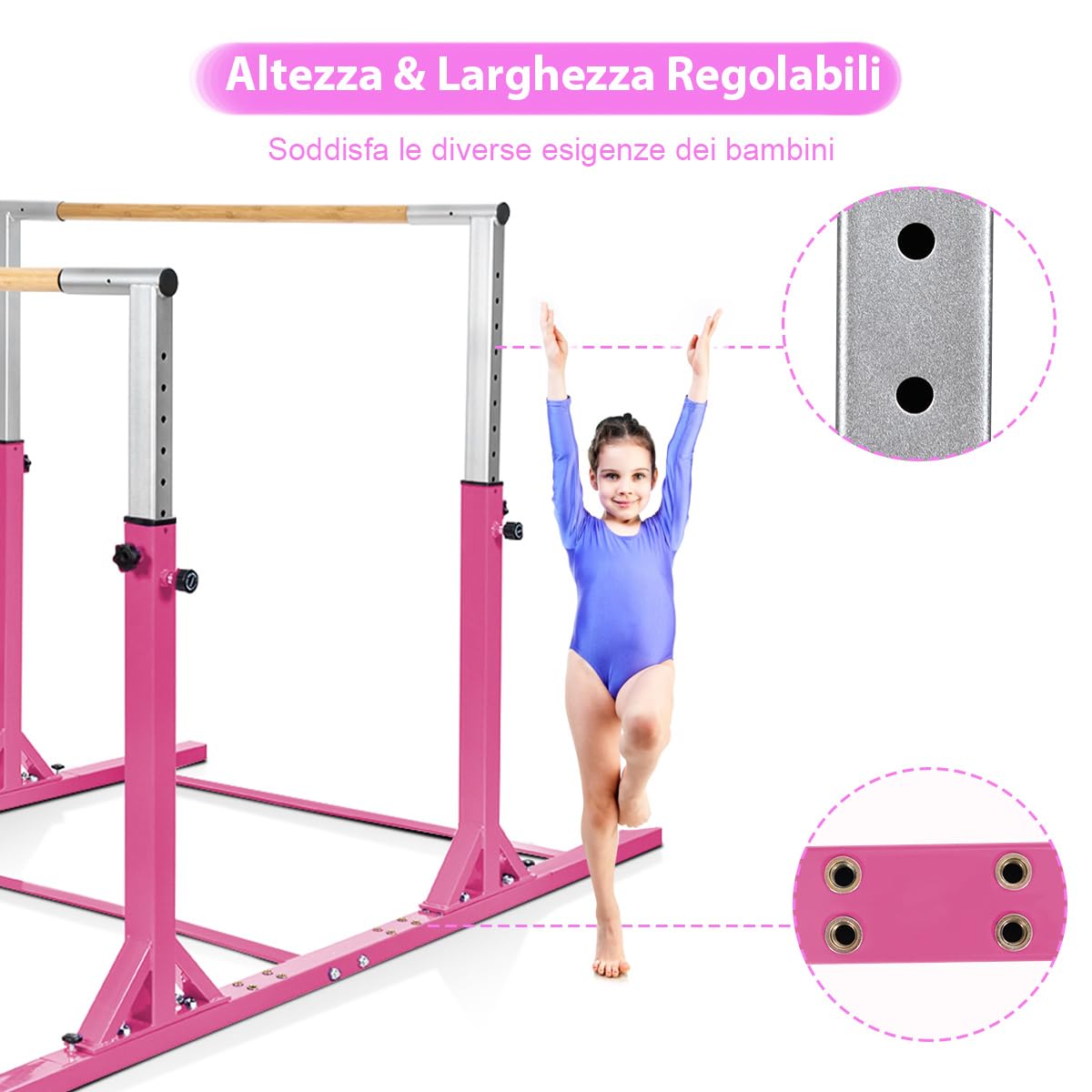 COSTWAY Parallele Doppie per Ginnastica, Sbarre Orizzontali Doppie con Larghezza Regolabile e 11 Altezze, capacità di Carico di 100 kg, Sbarre di Allenamento per Bambini 6-12 Anni