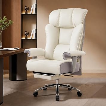 Efomao Office Chair Big and Tall 200kg - Heavy Duty Executive Chair with Footrest, Ergonomic High Back PU Leather Desk Chair, Reclining Computer Swivel Chair with Lumbar Support for Home Office, WHITE