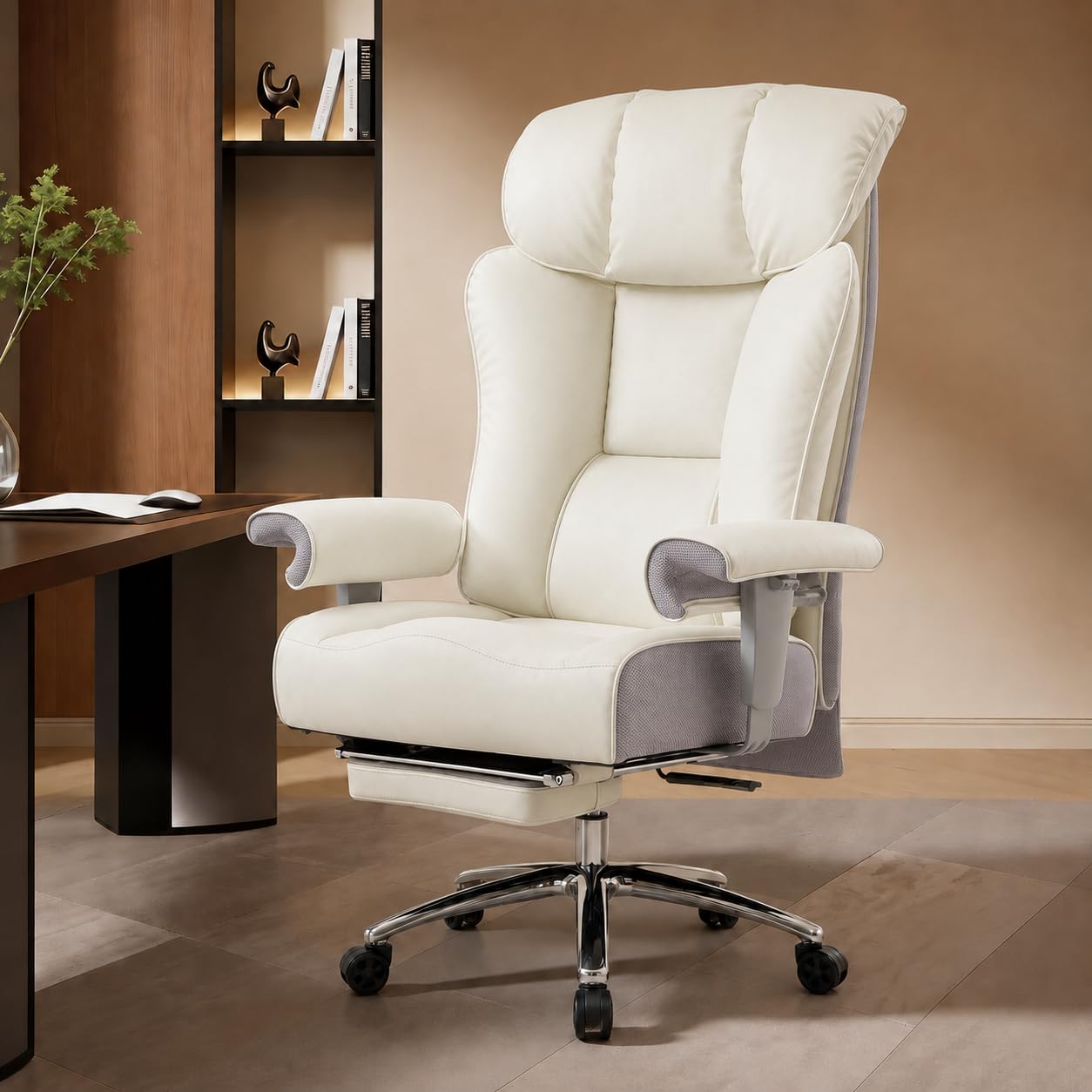 Efomao Silla de Oficina Reforzada 200 kg con Reposapiés – Silla Ejecutiva de Cuero PU con Respaldo Alto, Reposabrazos Acolchados Ajustables y Soporte Lumbar