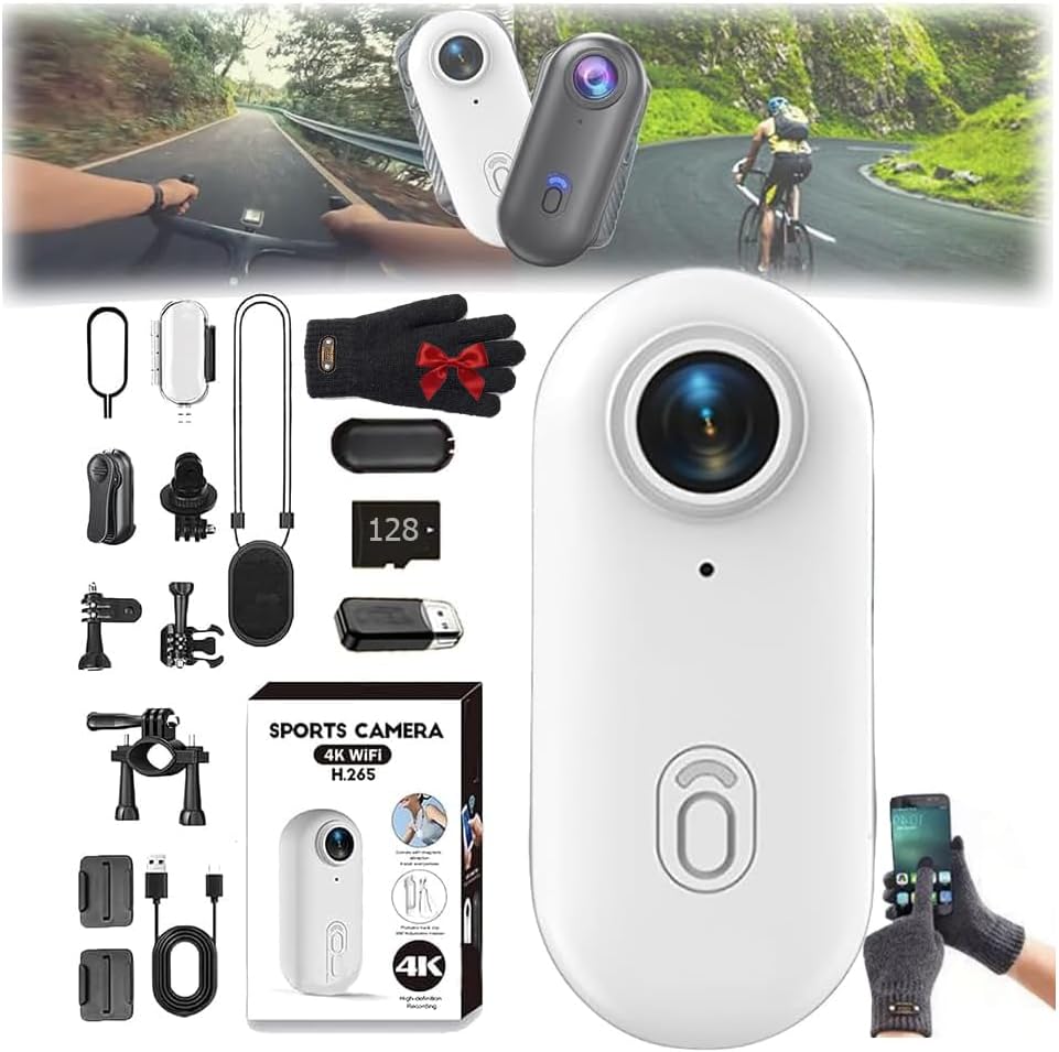 POV Pro 4K Camera, HD Action Cameras with Video Recording & Night Vision for Cycling, Pet Walking and Outdoors Activities, Waterproof Uhd Sports Thumb Camera (White,High +128GB)