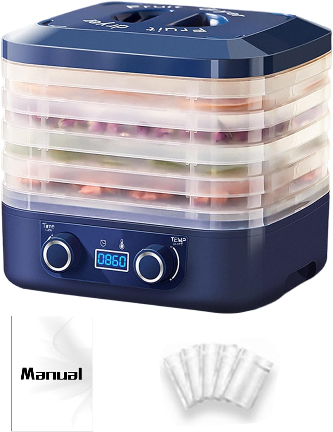 Food Dehydrators, Fruit and Meat Dryer Machine with 5 Stackable Trays, Dryer Machine, Adjustable Temperature, for Fruit, Meat, Veggies, Pet Snacks, Herbs (Blue)