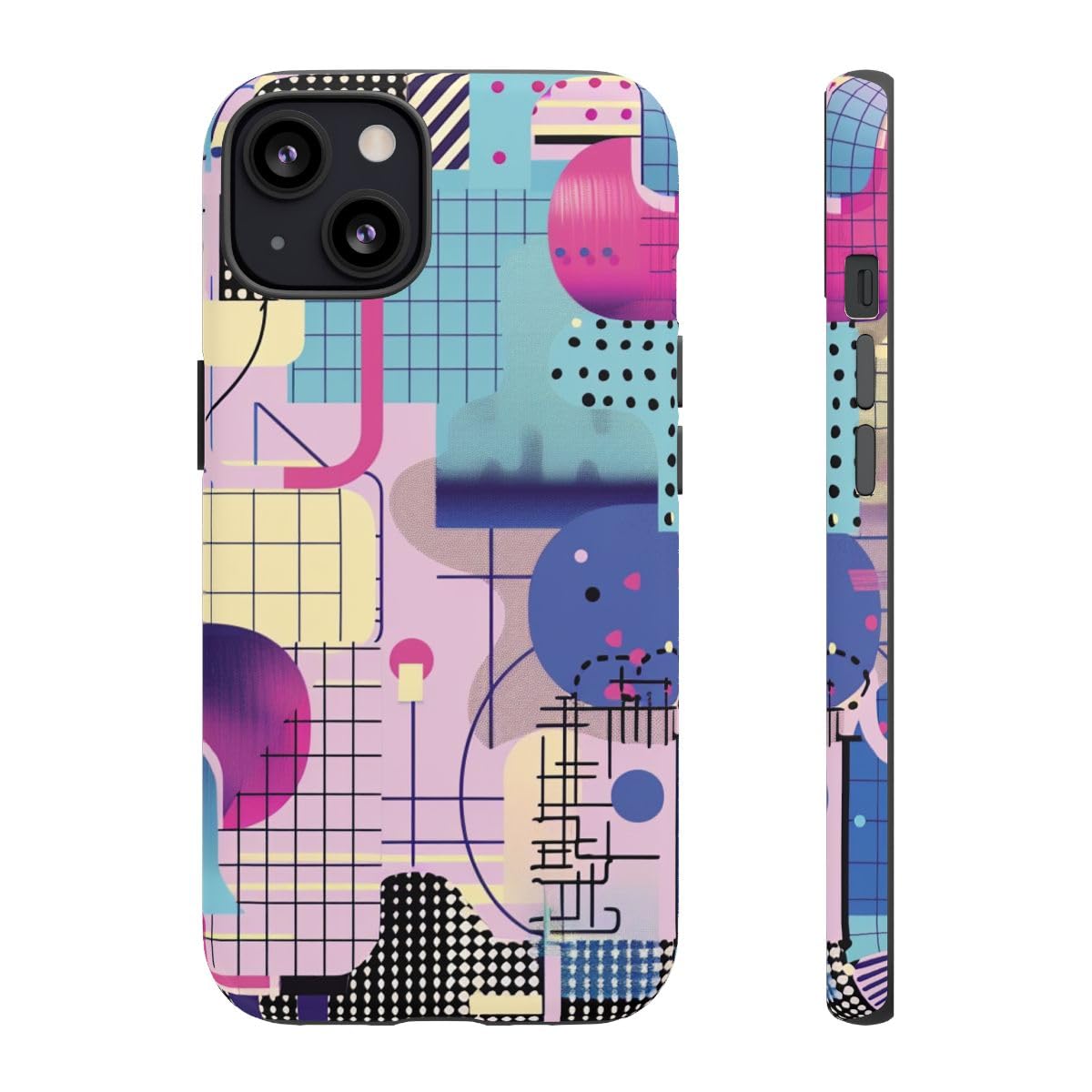 Coque iPhone 13 bleu motif géométrique abstrait rigide mate