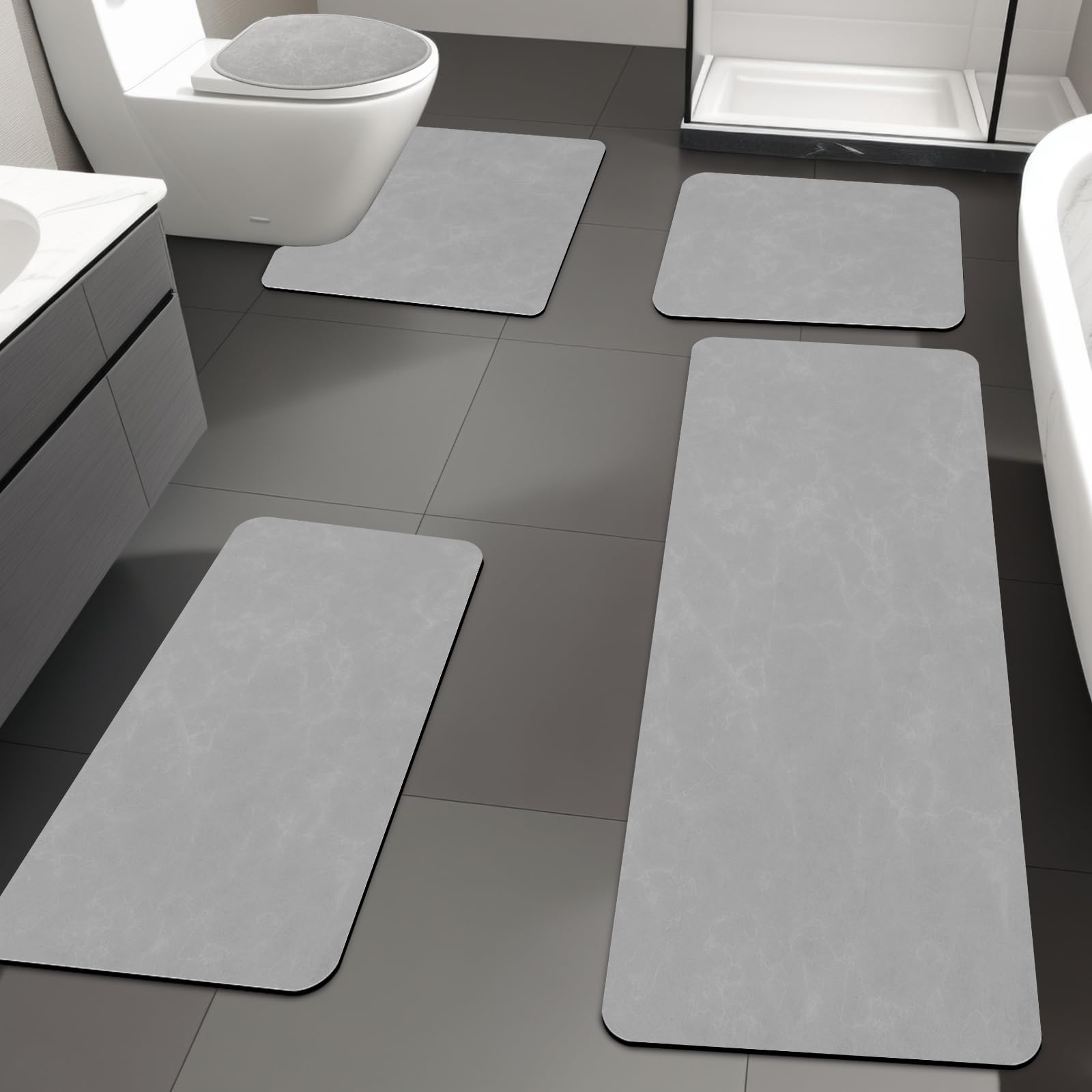 YIHOUSE Bath Mat Rug Sets 5 Piece, Super Absorbent Rubber Thin Bathroom Rugs Fit Under Door, Non Slip Bathroom Mat Quick Dry, Bath Mats with Toilet Mats for Bathroom Floor, Shower (Light Grey)