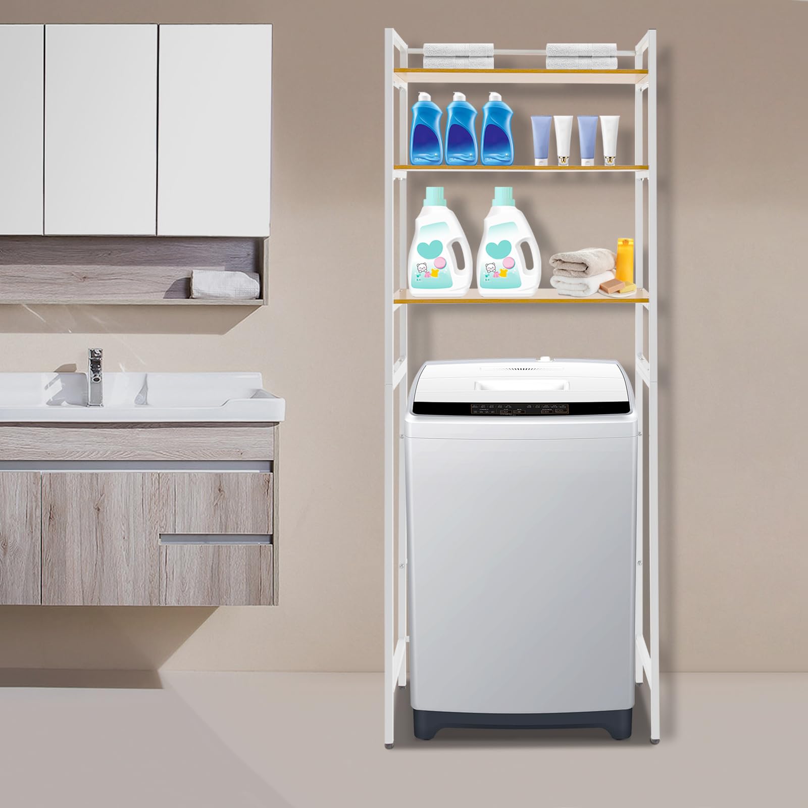 Estantería para lavadora, estantería de baño de 3 niveles, estantería sobre lavadora, ahorro de espacio, para cocinas, baños, lavaderos, fácil instalación, 69 x 30 x 181 cm