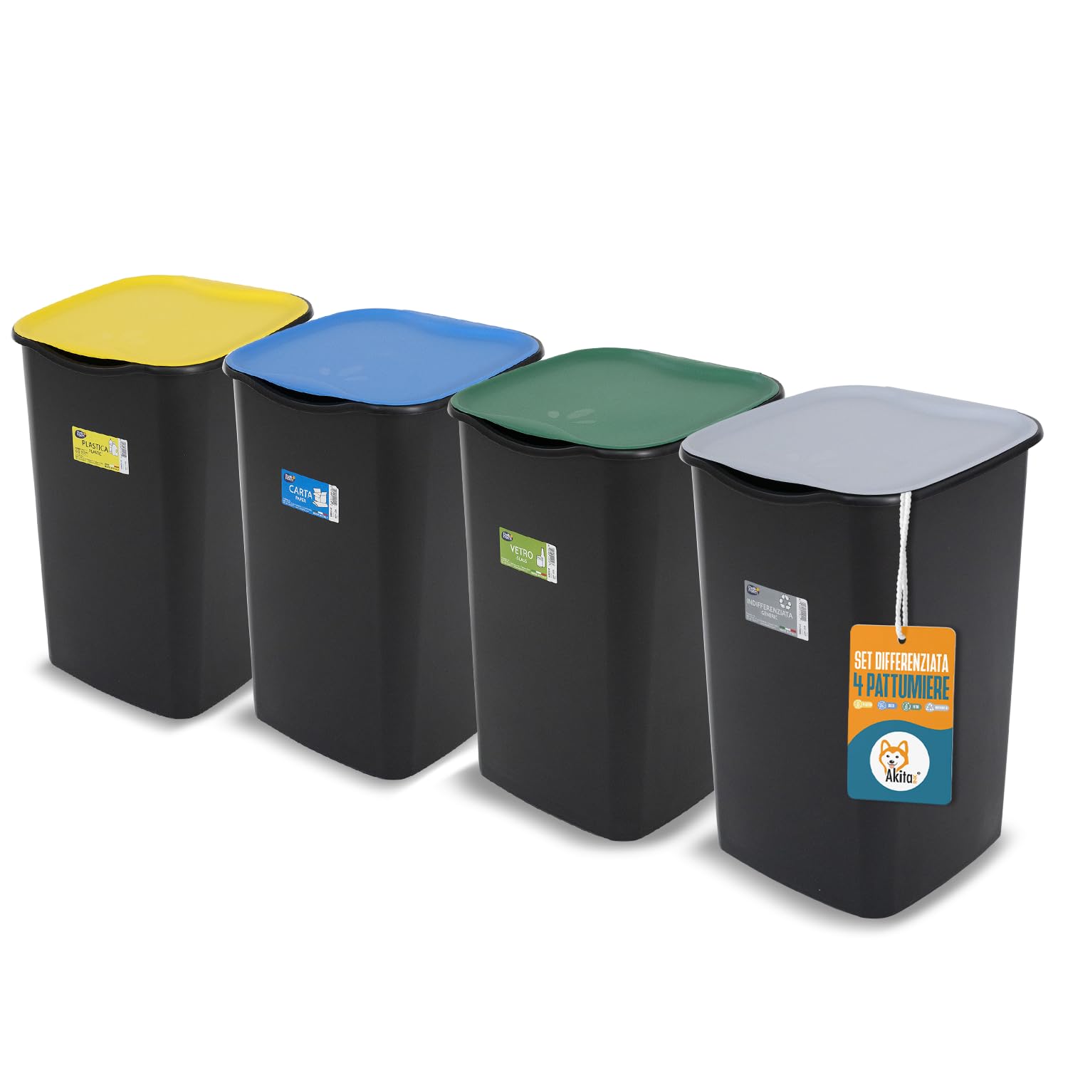 AKITAInk - Set 4 Bidoni per Raccolta Differenziata da 50L - Modello AKIJAZZ4 | Soluzione Pratica per una Separazione Facile e Ordinata dei Rifiuti - Made in Italy