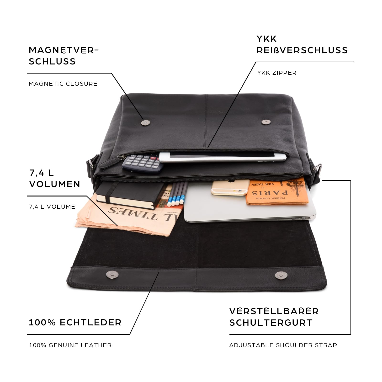 Leabags Leder Umhängetasche Herren I Arbeitstasche Herren I Laptoptasche Leder Herren bis I Aktentasche Herren I Ledertasche Herren I Nappa Schwarz – Bild 4