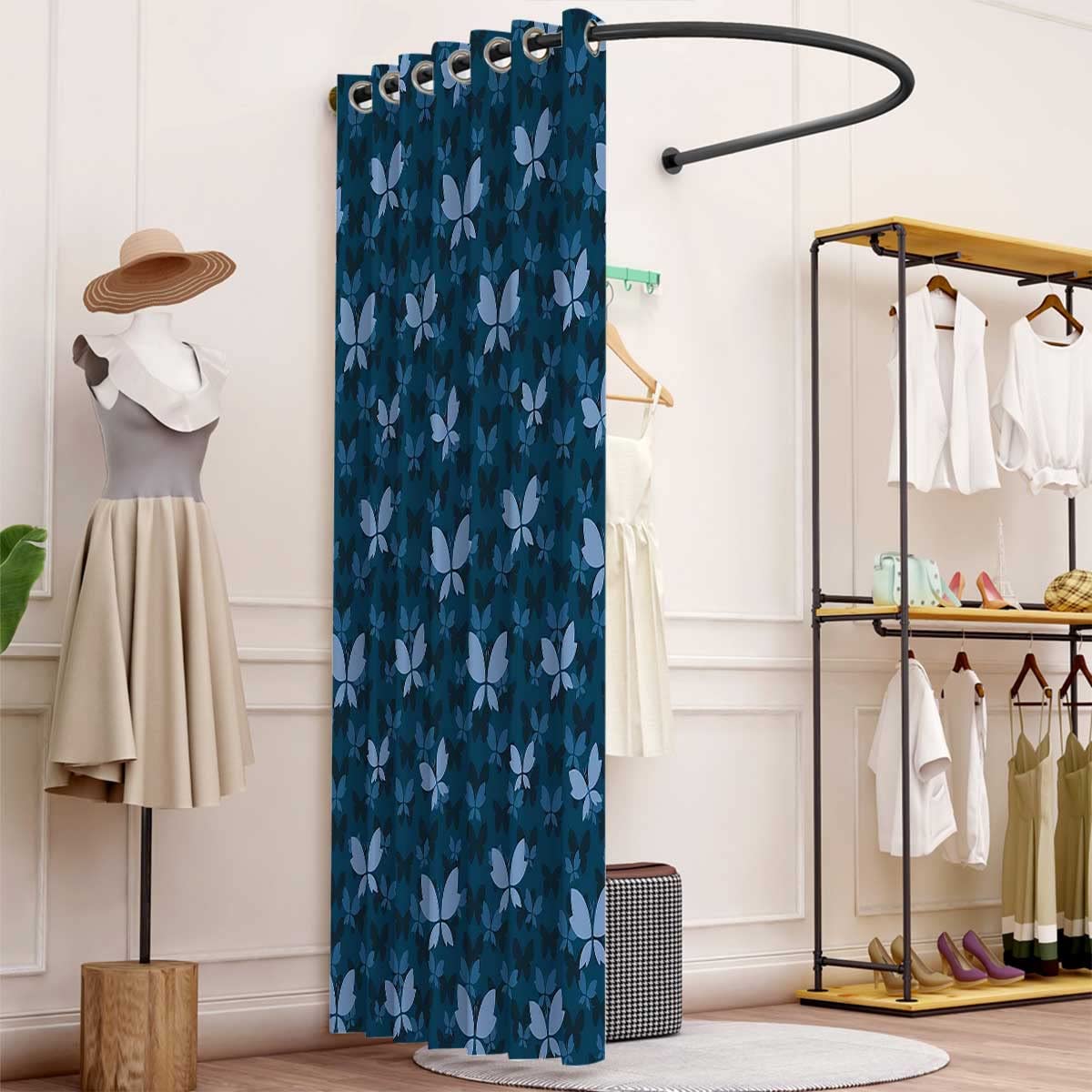 Cortina De Poliéster Azul Oscuro Estilo Seda – Ancho 130 Cm, Longitud A Medida (de 4 A 10 Pies) Con Ojales Y Lazos