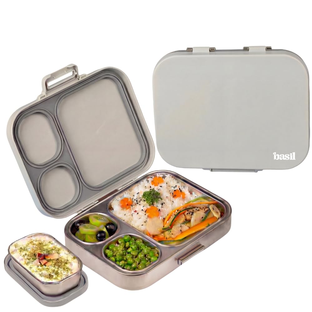 Basil Bento Box Quad Plus -3+1 Compartment Stainless Steel Lunch Box (1020ml) with BPA Free Lid | Leak Proof Tiffin for Kids & Adults | Premium Lunch Box for School, Office & Picnic - Classic Grey