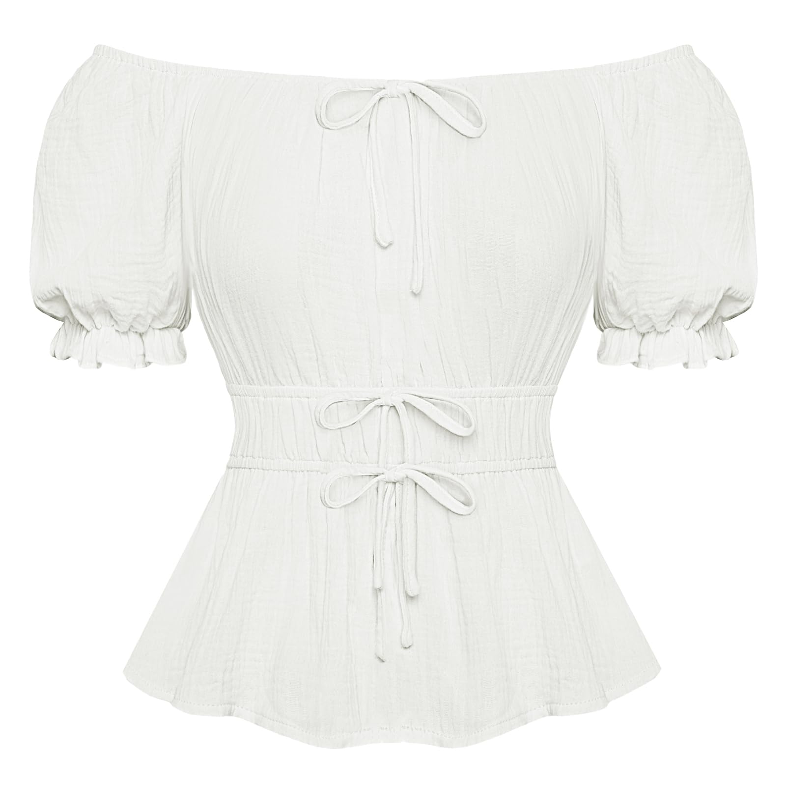 SCARLET DARKNESS Damen Bluse Kurz Puffärmel Schulterfrei Elastische Taille Oberteile mit Schleifen Verziert