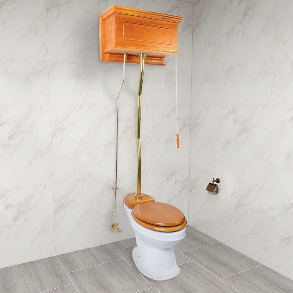 Renovators Supply Manufacturing High Tank Pull Chain Toilet With Light Oak Wooden Raised High Tank 59 In. To 74 In. Adjustable Height Brass Z Pipe And Elongated Toilet Bowl