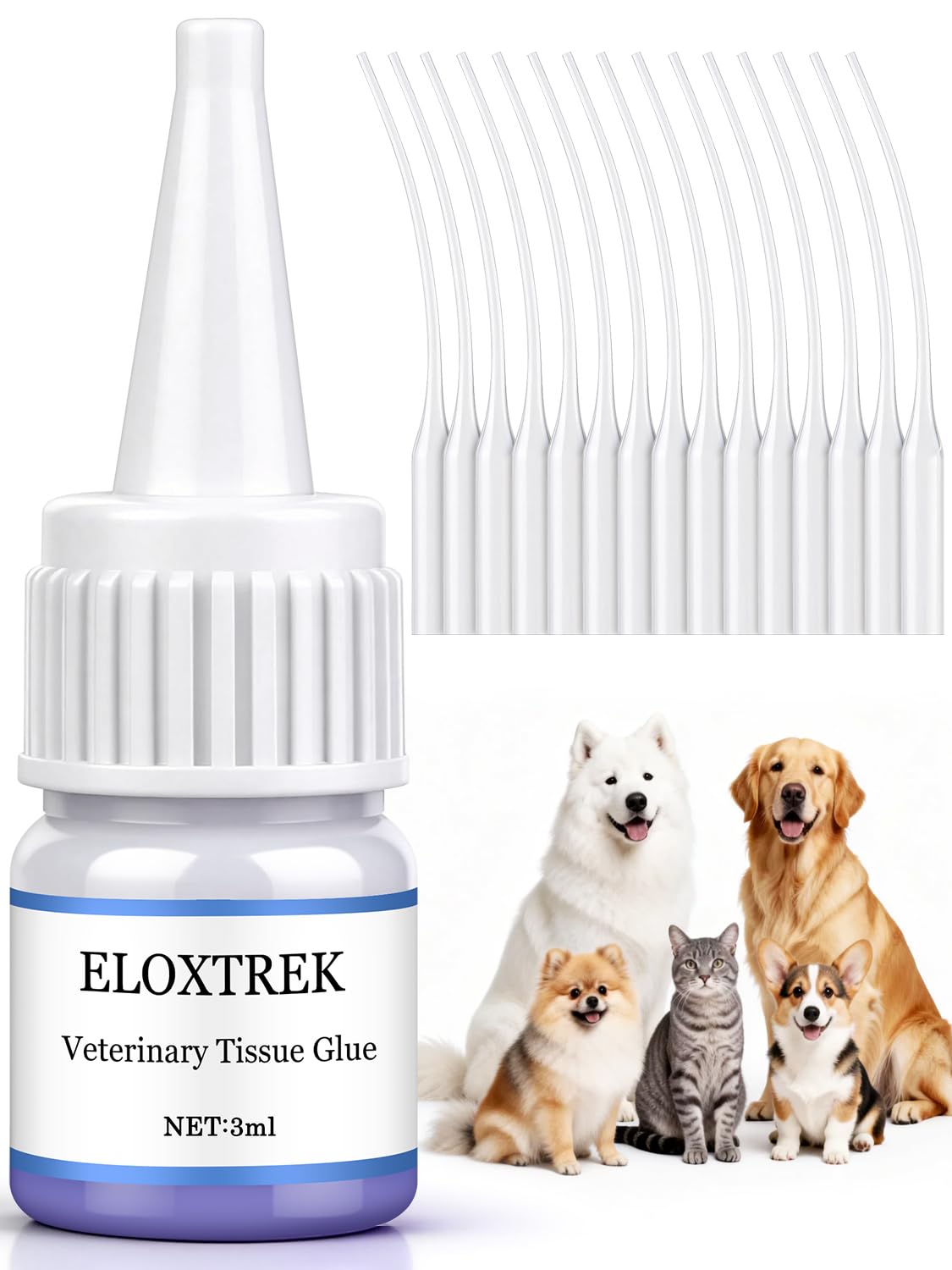 3ml Veterinary Surgical Skin Glue with 15 Precise Applicators, Strong Surgical Adhesive, Blue-Tinted Fast-Acting Tissue Wound Glue, Waterproof Wound Sealant for Multi-Pet Households