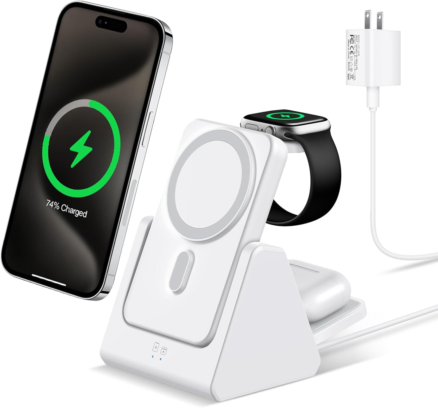 Mag-Safe Charger Wireless Charging Station: 3 in 1 5000mAh Portable Power Bank Compatible for iPhone 16/15/14/13/12 Series and Apple Watch - Magnetic Charging Stand White