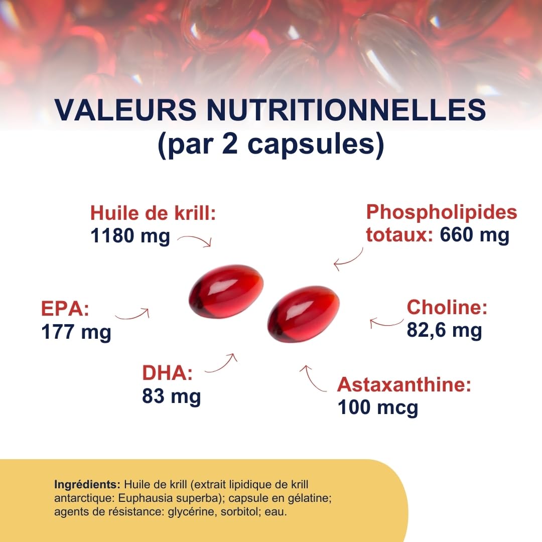 Omegor Krill - Complément alimentaire avec phospholipides, choline, Oméga-3 et astaxanthine à haute biodisponibilité - 260 mg d'EPA et DHA - Sans arrière-goût - Facile à avaler - 60 capsules