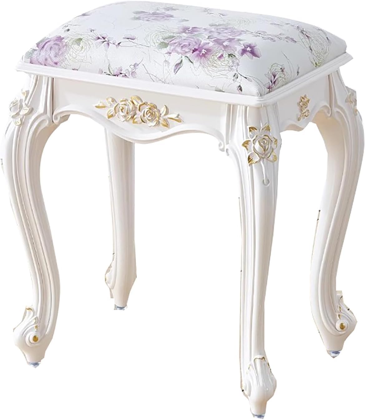 Vintage Victorian Vanity Stool, Gold Accent, Velvet Rectangular | Hand-Carved, 17" Seat Height, Makeup Stool, Dressing Chair, For Bedroom, Living Room