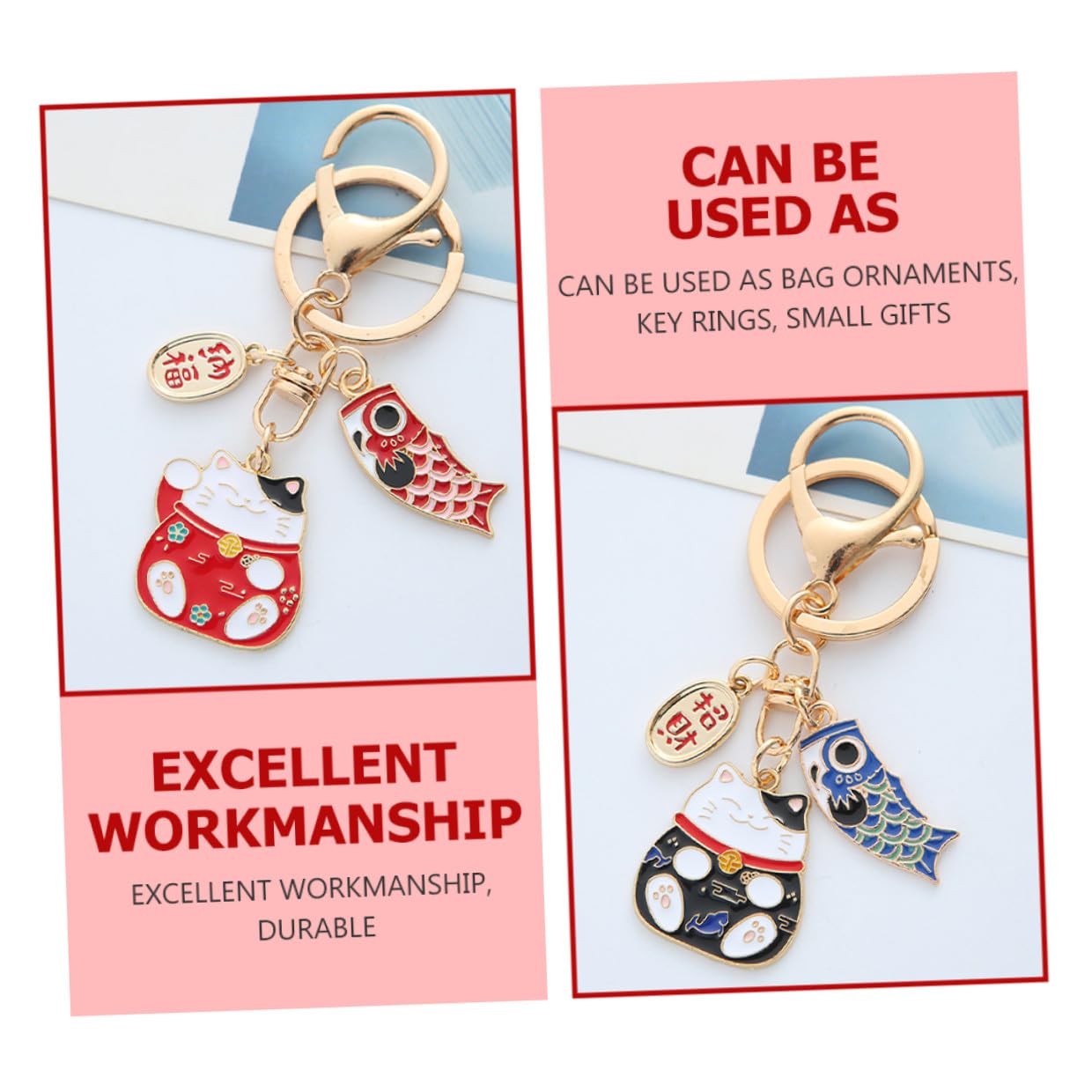SOLUSTRE Llaveros Kawaii de Gato Fortuna en Aleación de Zinc, Set de 2 para Colgantes de Equipaje y Decoración de Bolsos, Diseño Japonés para Uso Diario