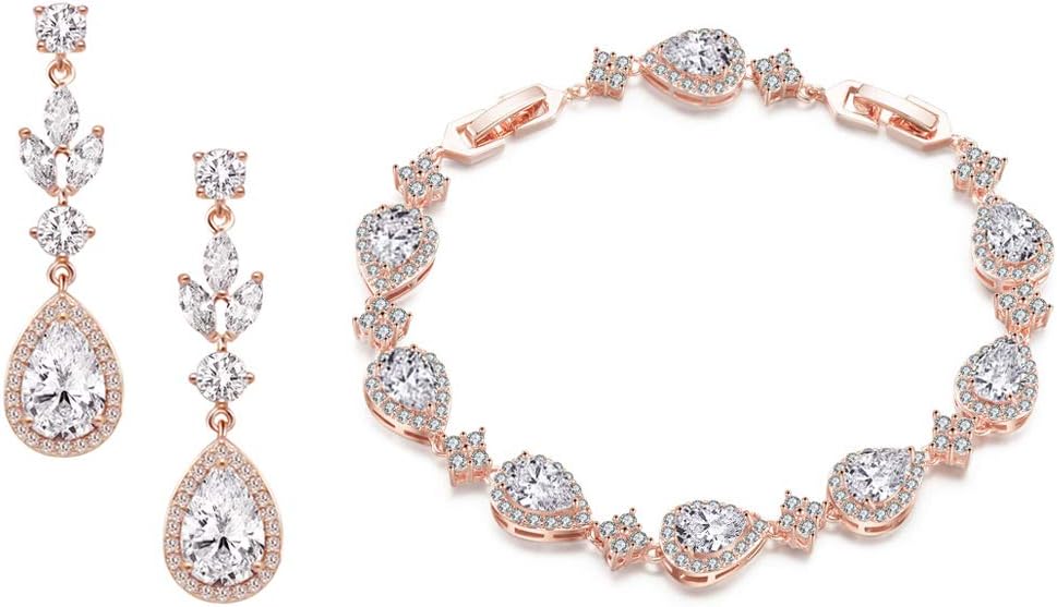 Elegant Teardrop Earrings & Bracelet Set, Gold Plated Bridal Jewelry for Wedding Bride Bridesmaid, Prom Party Dangle Matching Jewelry Gift