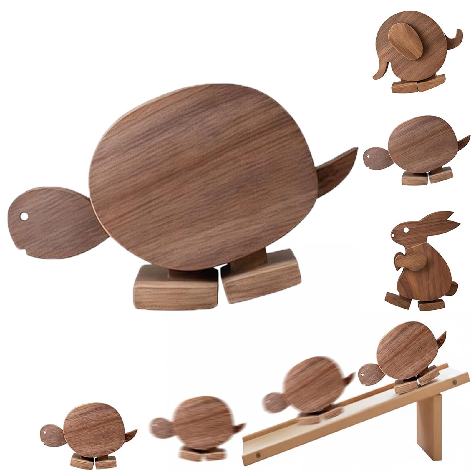 WEIWOGU Handmade Walking Wooden Animals, Wooden Walking Animal Figures with Ramp, Gravity Powered Mechanical Balance Turtle Elephant Rabbit Walker Sculpture, Kinetic Desk Ornament Decor (Turtle)