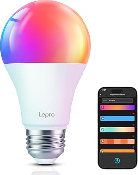 Lepro AI Smart Light Bulb, B1 LED Bulb, Wi-Fi Bulb, E26 Smart Light, Alexa Bulb, Dimmable, 60W, Broad Light Distribution 806lm/Super Bright/Bulb Color, Daylight White, Daylight, Rainbow/RGB CCT