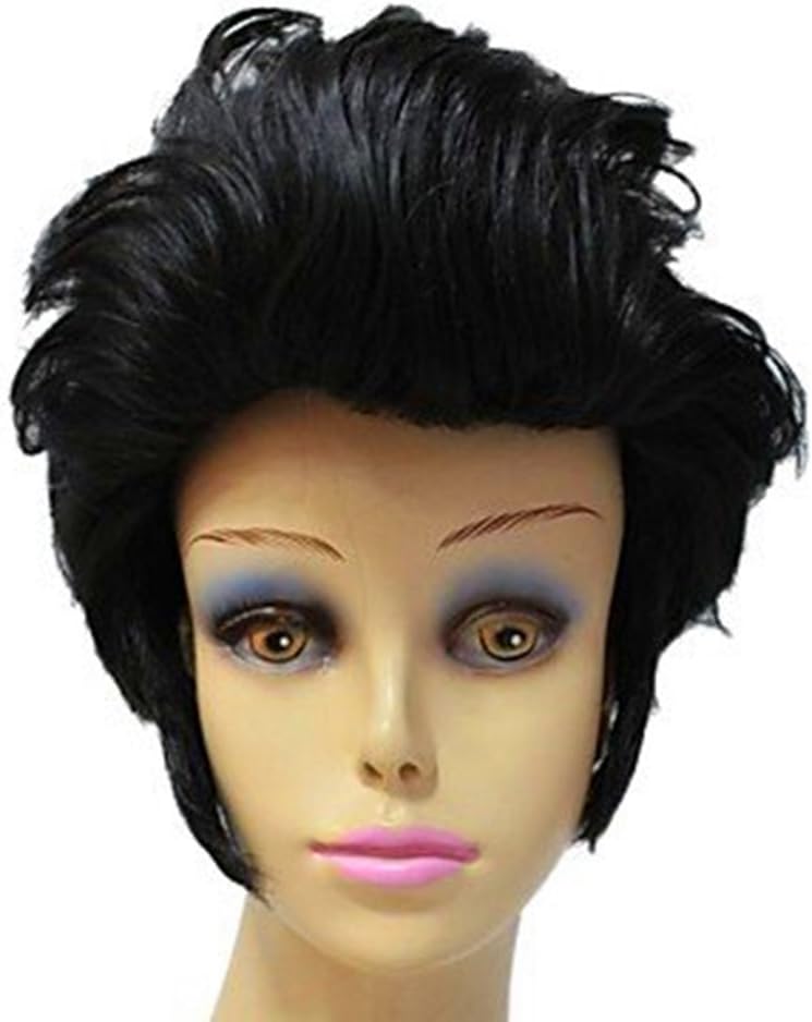 QINF Capless Synthetic Short Black Curly Elvis Aron Presley Celebrity Hairstyle Full Wig