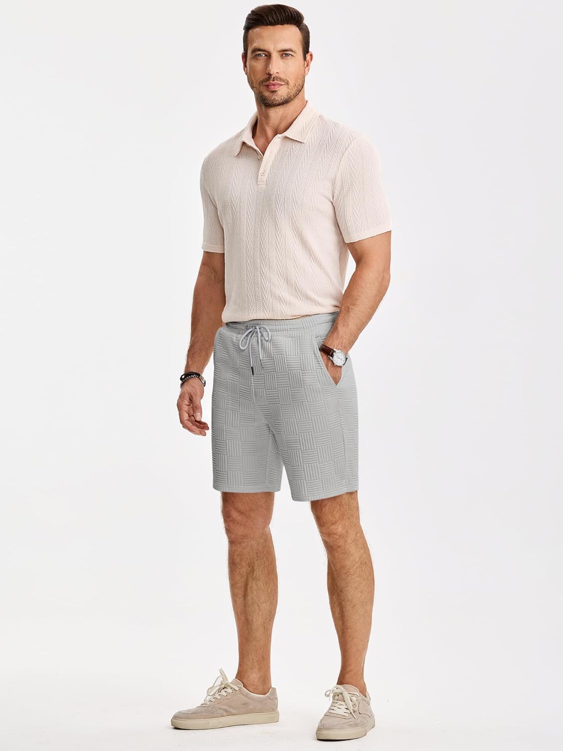 JMIERR Men's Shorts Casual Stretch Solid Short Elastic Waist Drawstring Lightweight Textured Summer Shorts - Image 4