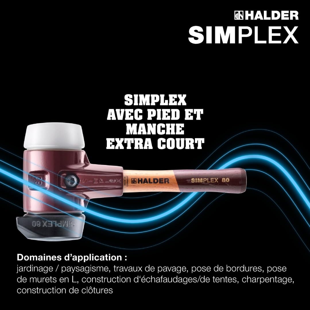 Maillet SIMPLEX, Caoutchouc chargé, avec pied/superplastique ; avec boîtier en fonte malléable et manche en bois extra court de qualité | D=80 mm/Modèle de manche=extra court | 3027.282