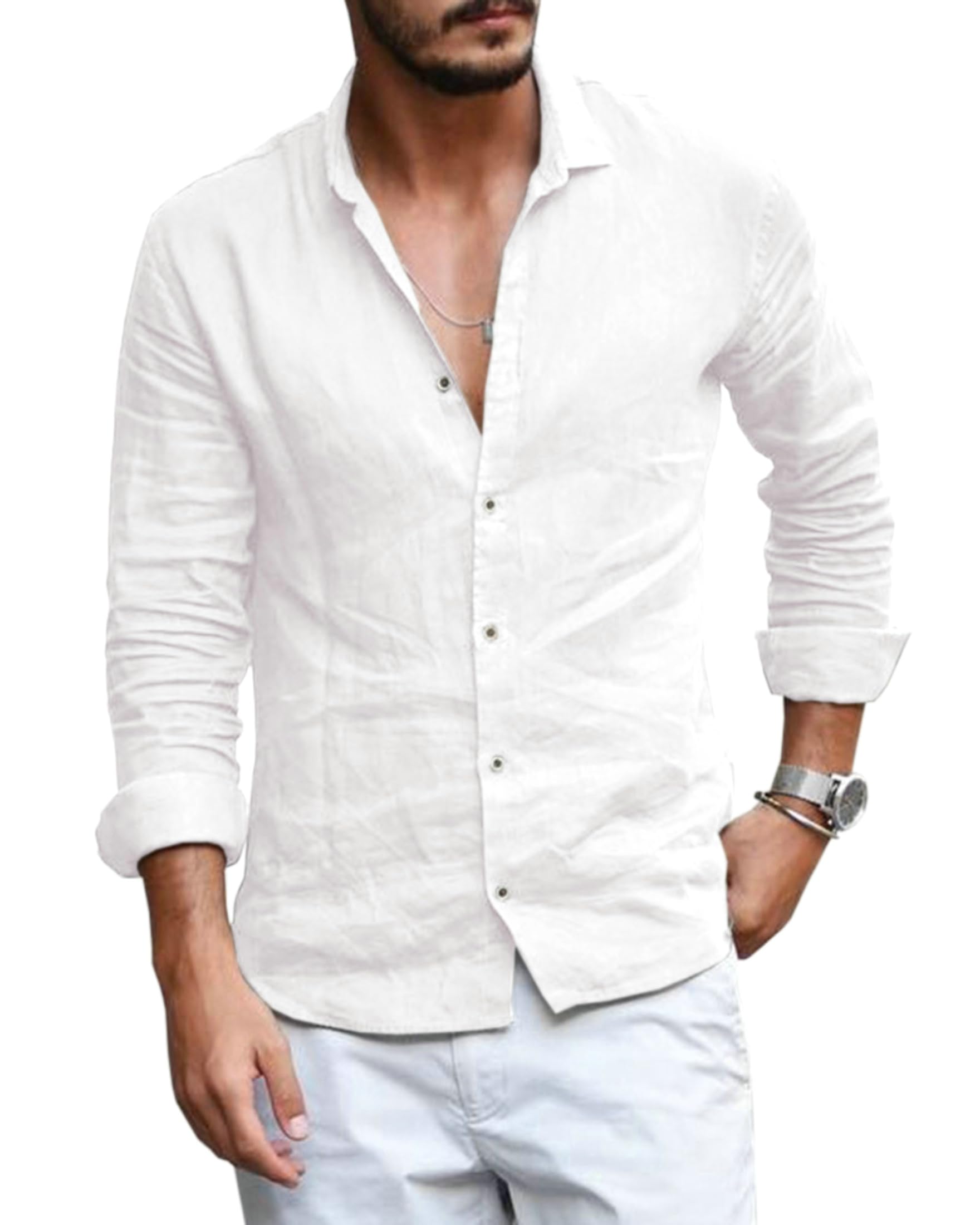 Mens Cotton Linen Button Down Shirt Long Sleeve Loose Fit Casual Spread Collar Beach Summer Plain Tops
