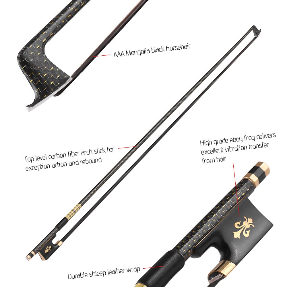 Btuty Arco de violín 4/4 Violín Arco de Bien Equilibrado Trenzado Dorado Fibra de Carbon Round Stick Rana de Ébano AAA Mongolia Crin Negra