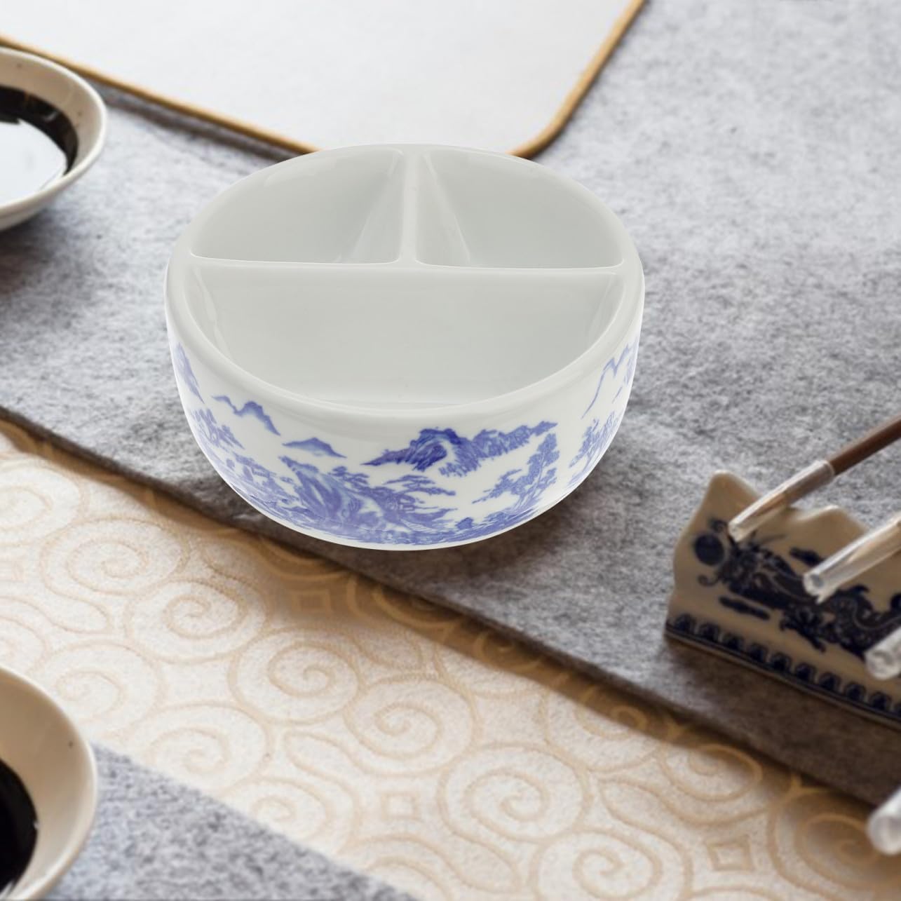 Blue and White Ceramic Paint Palette for Artists Multi-Section Brush Washer and Mixing Tray for Watercolor and Ink Painting Supplies