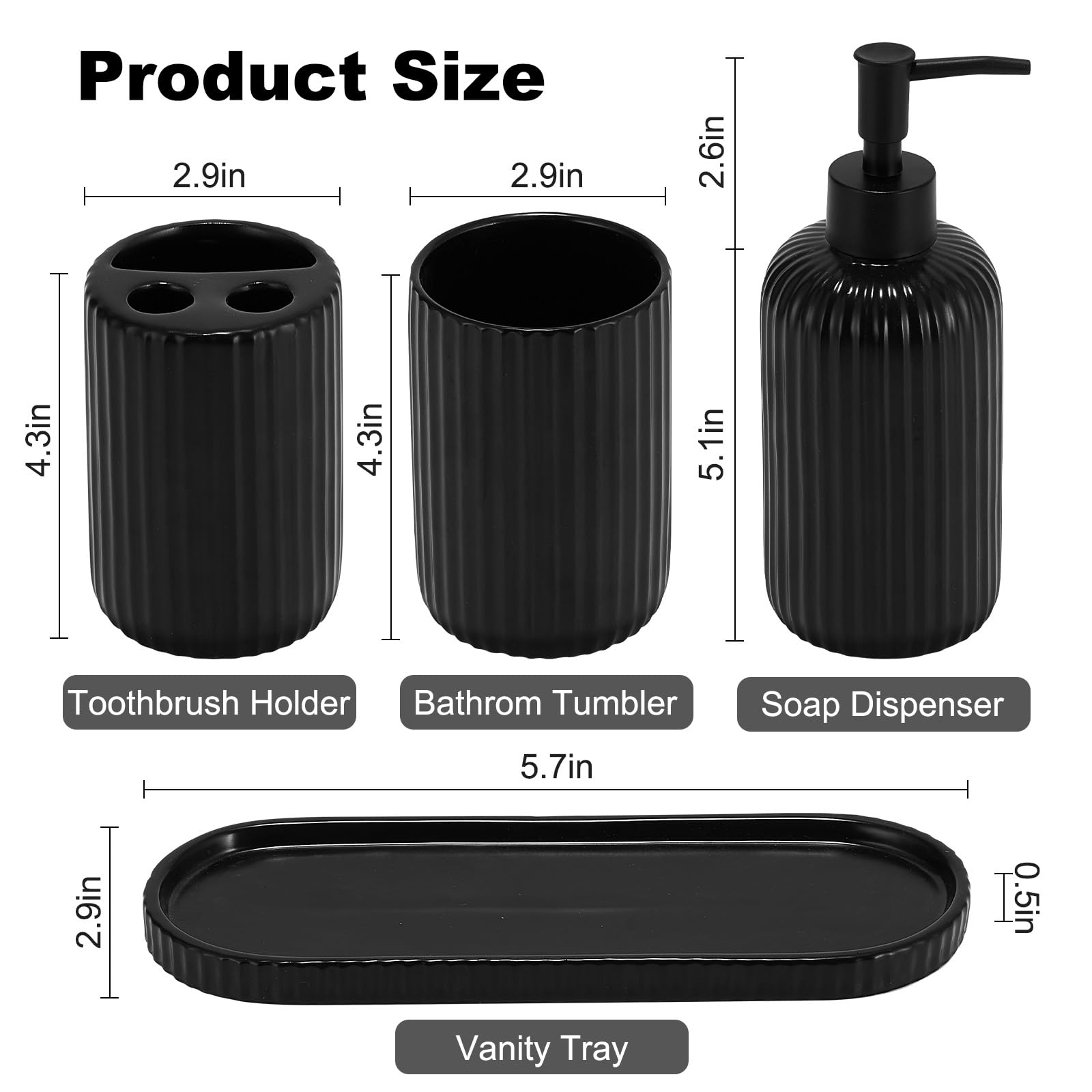 Schwarzes Badezimmer-Zubehör-Set, geripptes Design, 4-teiliges Keramik-Badezimmer-Set, komplette Zahnbürstenhalter, Seifenspender, Schminktisch, Zahnbürstenbecher, stilvolle schwarze