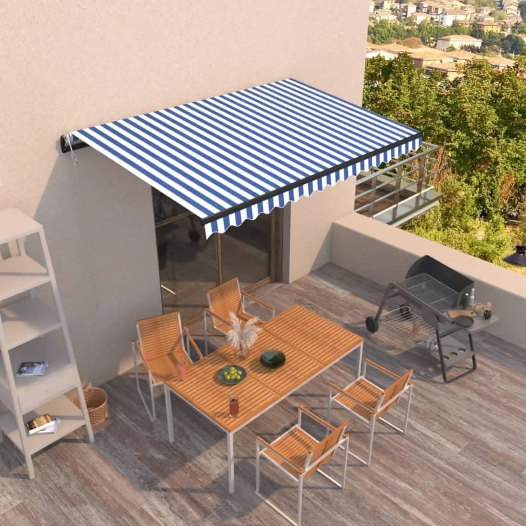 Tenda da sole retrattile automatica, 400 x 350 cm, blu e bianco, con braccio articolato, con telaio in alluminio, manovella, tenda da sole per terrazza, balcone, giardino e terrazza