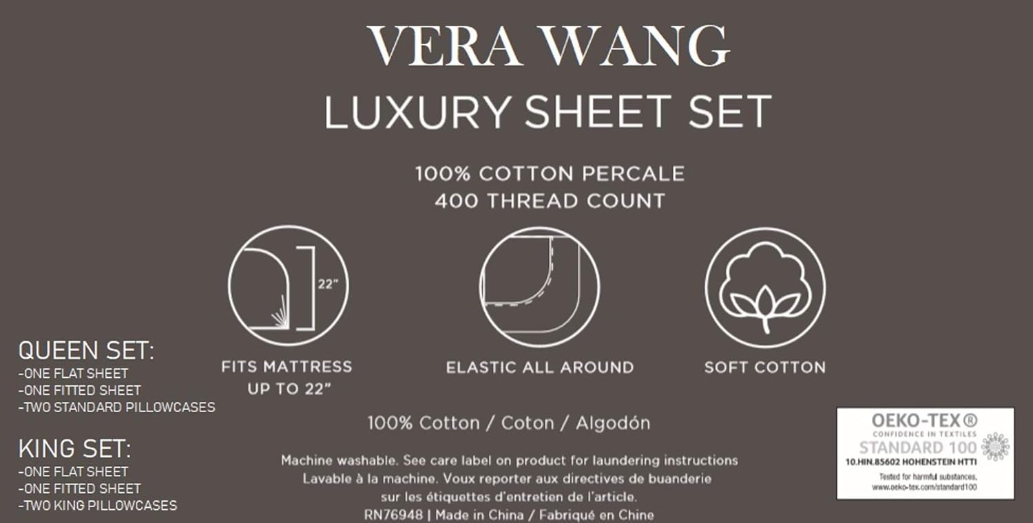 Vera Wang - King Sheets, Cotton Percale Bedding Set, Crisp & Cool Room Essentials (White, King)