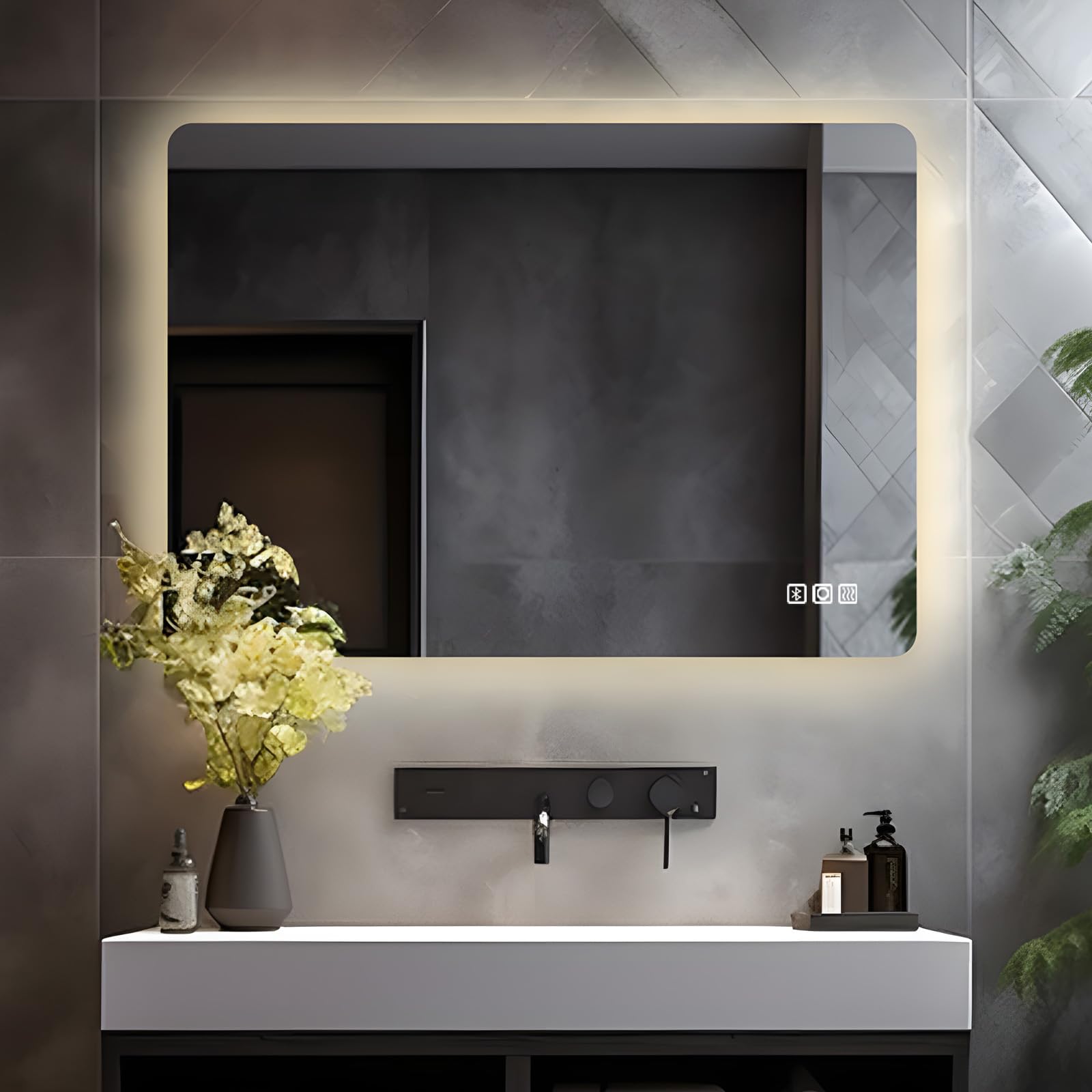 LISA Espejo de baño LED con luz iluminación 80 x 60 cm, Grande Espejo luz con Enchufe y Bluetooth, Regulable, 3 Colores iluminación Ajustable, antivaho, Espejo de Pared para baño, Inodoro, Pasillo
