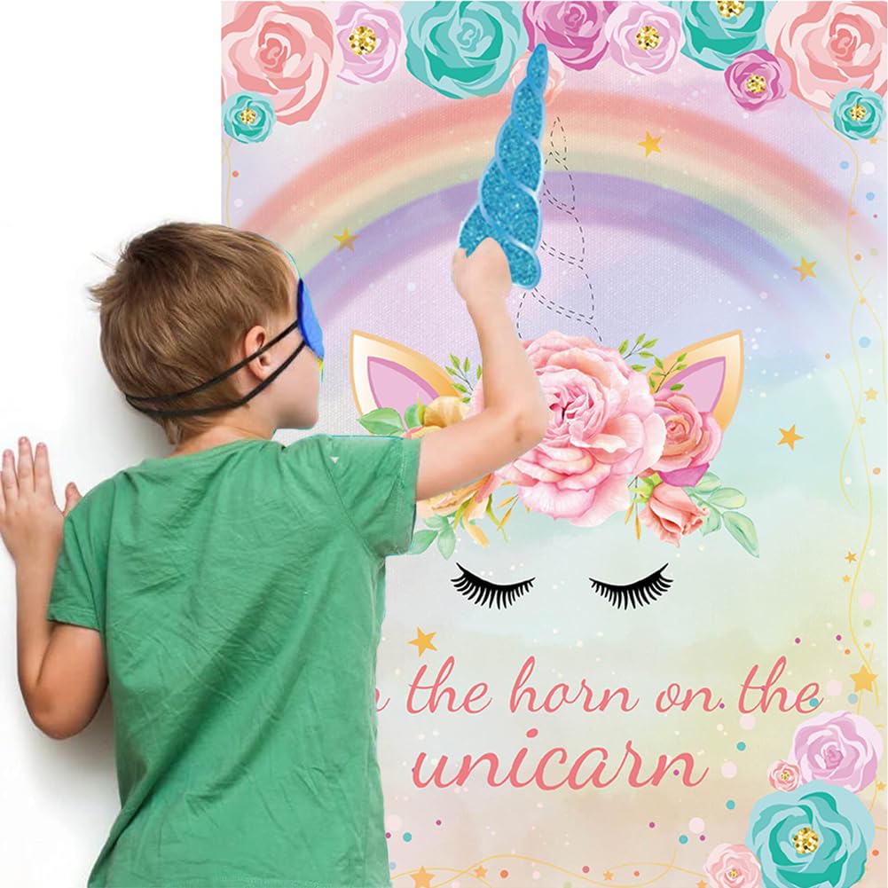 Pin The Horn On The Unicorn Party Gioco,Interattivo Unicorno A Tema Gioco Decorazioni Kit,Con 24 Corna Poster Maschera Per Gli Occhi, Per Feste Di Compleanno Per Bambini