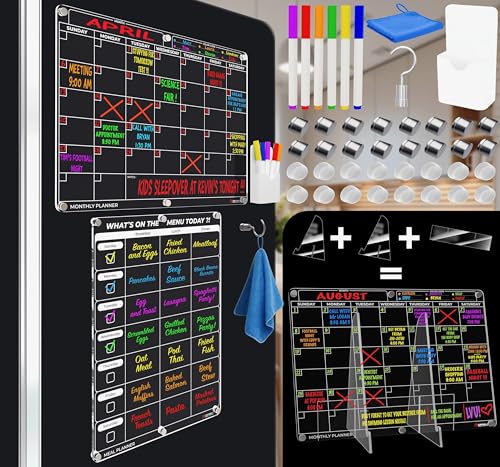 Magnetic Calendar for Refrigerator – Acrylic Monthly Calendar + Weekly Meal Planner, Extra-Large Dry Erase Board with Color-Coded Family Organizer, Anti-Scratch Magnets, Magnetic Pen Holder, 6 Markers and a Stand by Omex Solutions