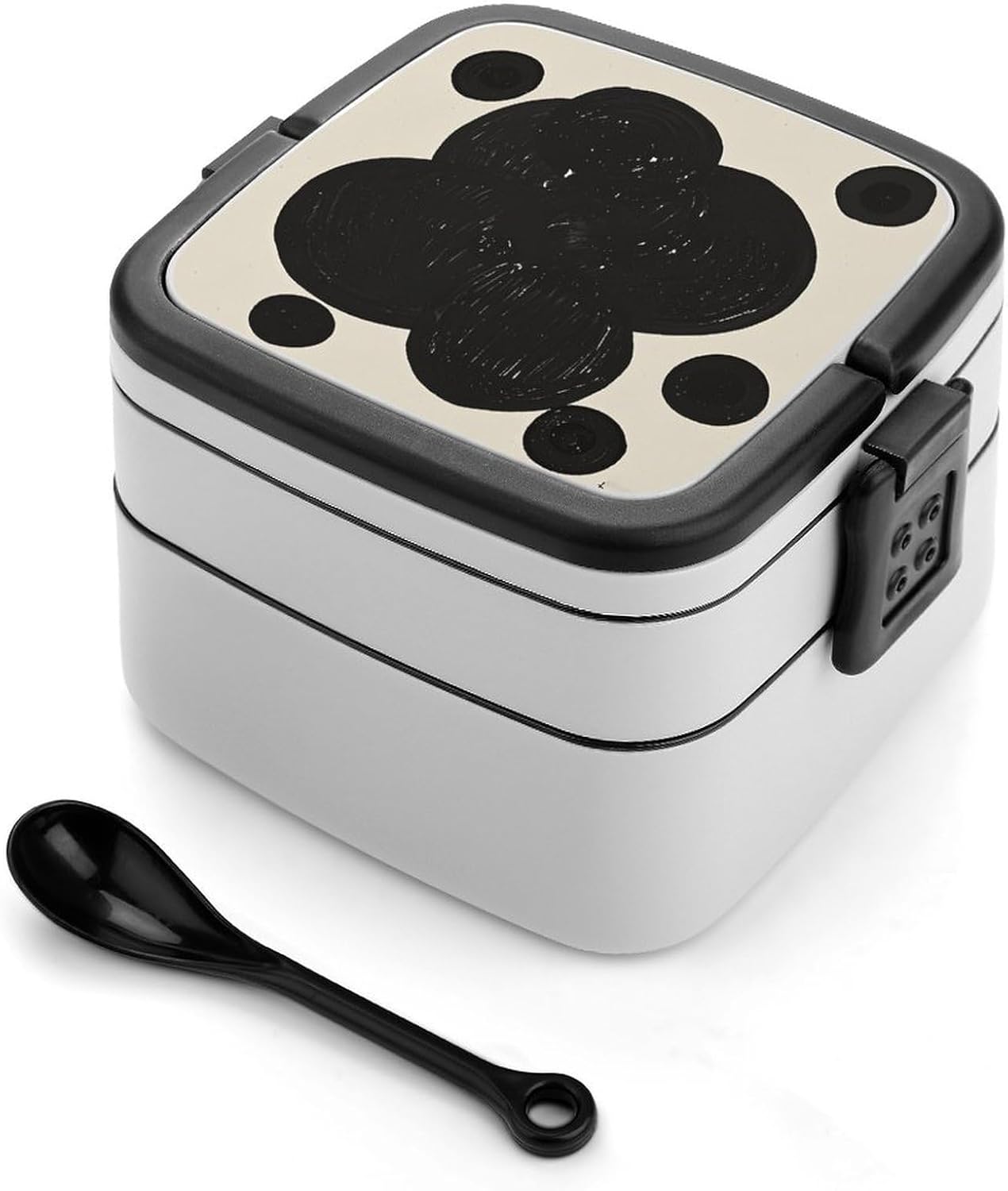 Black & White Big Dot Bento Box with Spoon, 2-layer Stackable Lunch Box Leak Proof with Invisible Handle, Insulated Food Storage for Office, Picnic & Travel Black & White Big Dot Bento Box with Spoon, 2-layer Stackable Lunch Box Leak Proof with Invisible Handle, Insulated Food Storage for Office, Picnic & Travel