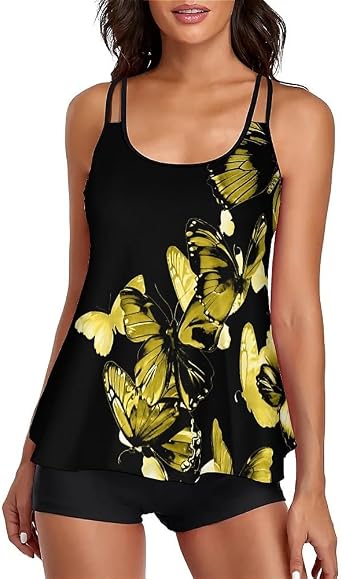 Two Piece Swimsuit Tankini Top with Boyshorts Flowy Bathing Suit Tummy Control Swimwear for Women
