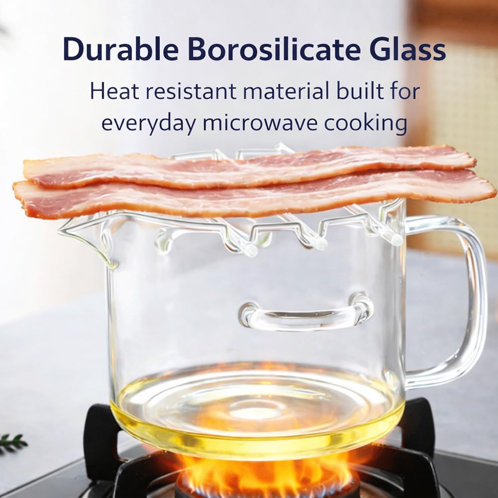 Glass Microwave Bacon Cooker with Lid, Glass Bacon Cooker for Microwave Oven, 2.1L 74Oz Borosilicate Glass Bacon Grill, Heat Resistant, Non Stick Oil, Easy Clean Bacon Tray (2pcs)
