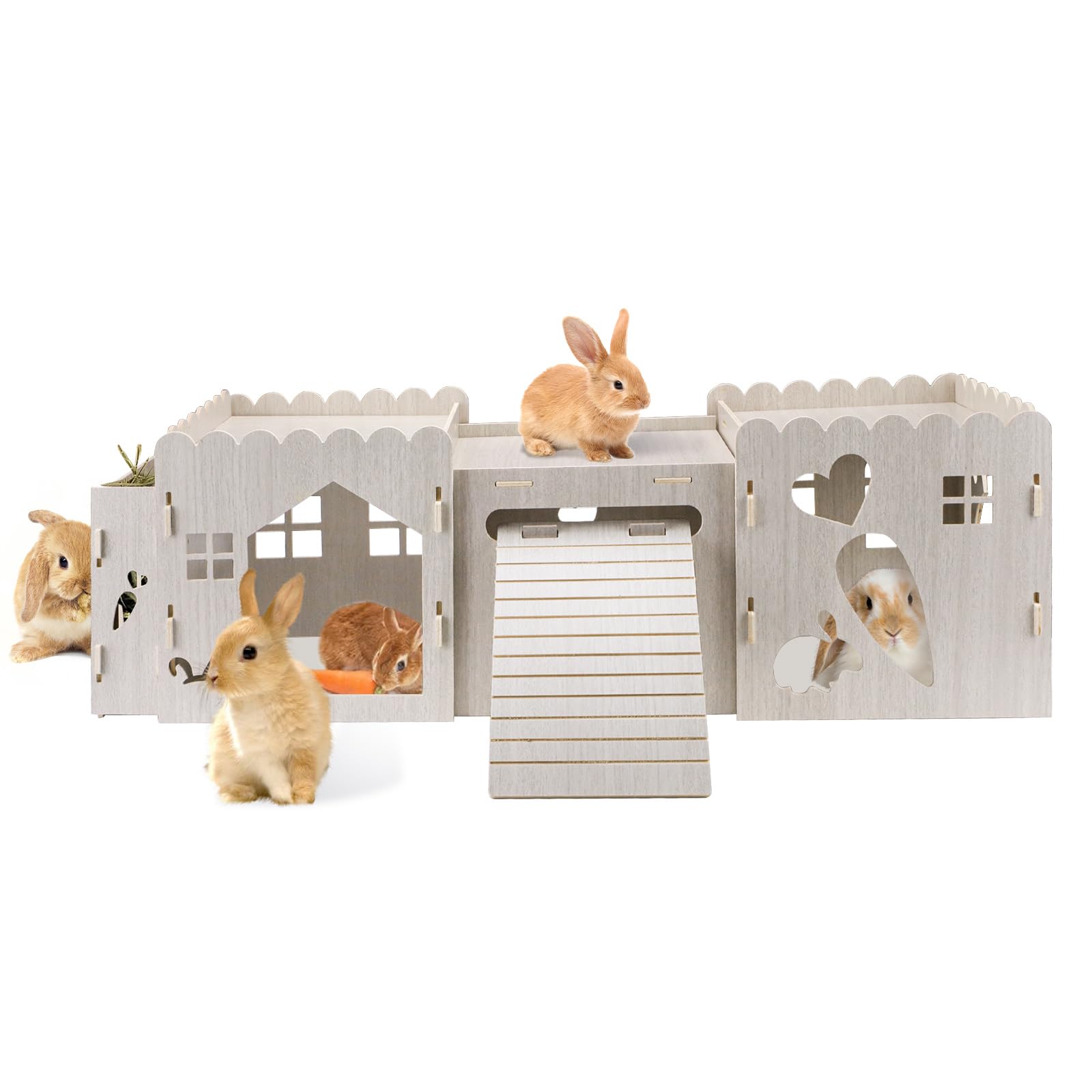 Große hölzerne Kaninchen Schloss, Nagelfreie abnehmbare Kaninchens Versteck mit Nahrungsschale, Kaninchen Rampe & Multi-Löcher, niedliche Kaninchens Haus Fitting Syrische Hamster