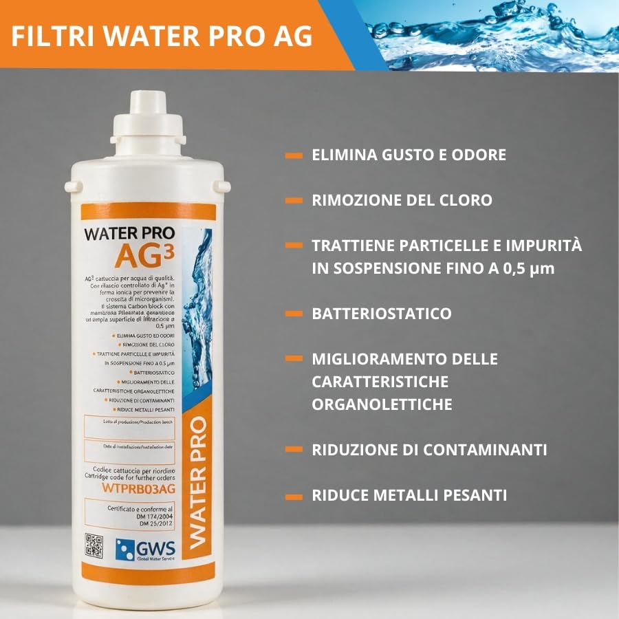 Filtro Water Pro – Filtrazione Professionale - Capacità di 5.000 litri - Tecnologia Combinata Con Carbon Block Argentizzato e Membrana Plissettata Multistrato da 0,5 micron