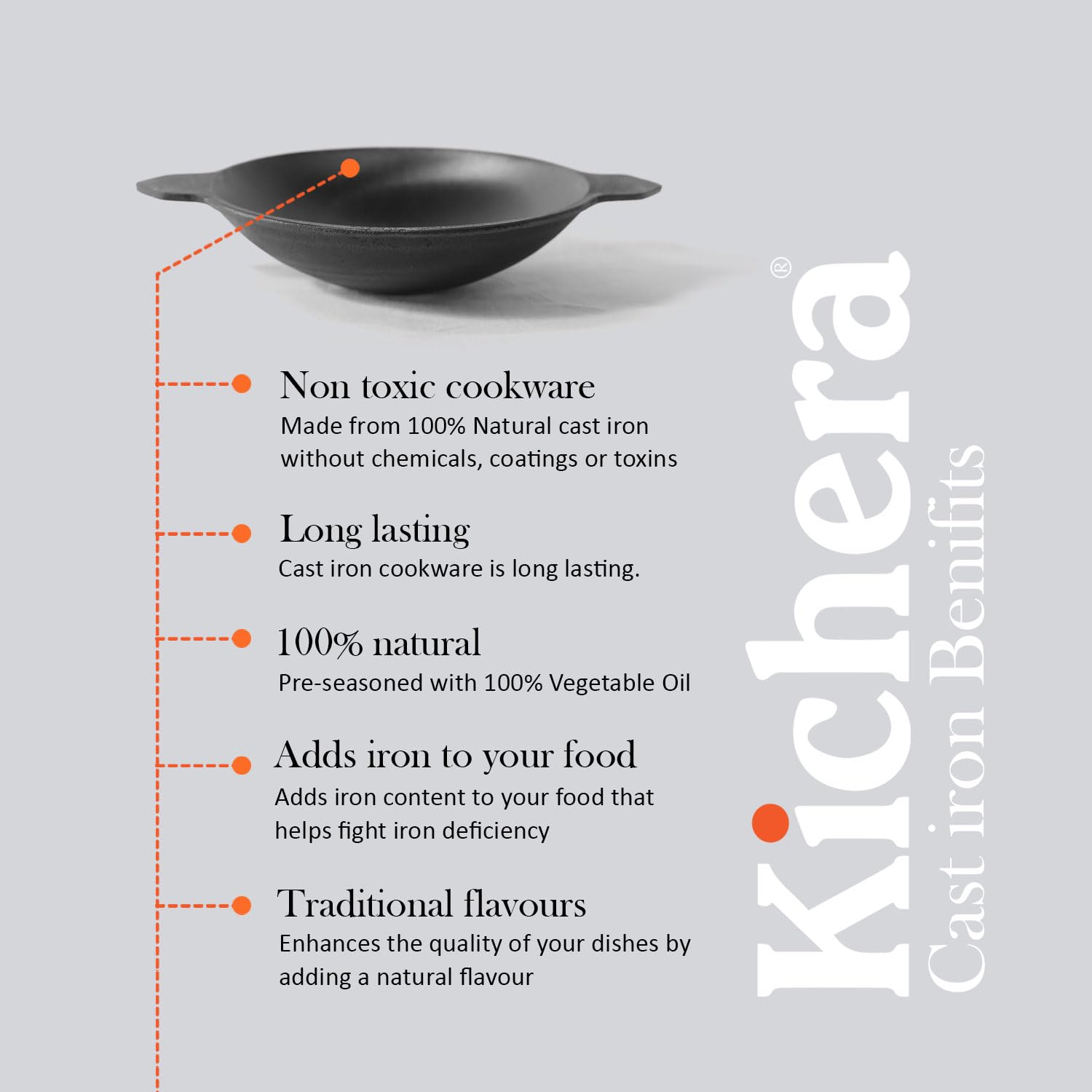 Kichera Pre-Seasoned Cast Iron Polished Appa Chatti |Appam Pan | Appam Patra | Kallu,100% Toxin-Free, Naturally Non-Stick, 8.7Inch/22Cm,1.5Kg, 1 Litre 3