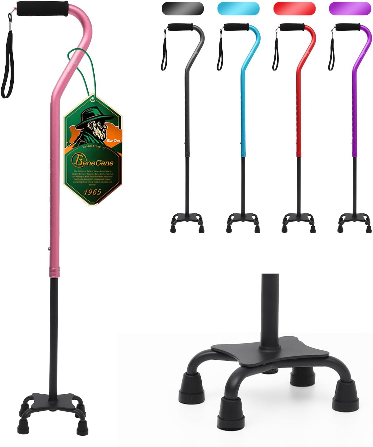 Quad Cane Adjustable Walking Cane with Offset Soft Cushioned Handle for Men & Women Lightweight Comfortable with 4-Pronged feet for Extra Stability