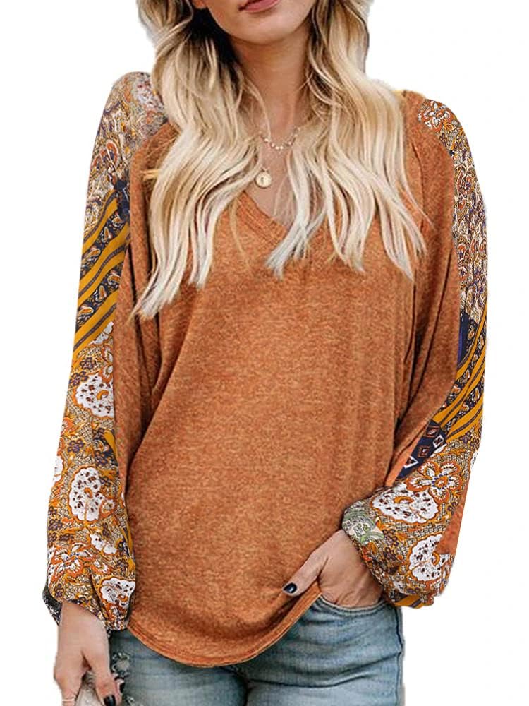 Boho Tops for Women Long Sleeve V Neck Fall Shirts Bohemian Fashion Hippie Western Dressy Casual Blouses