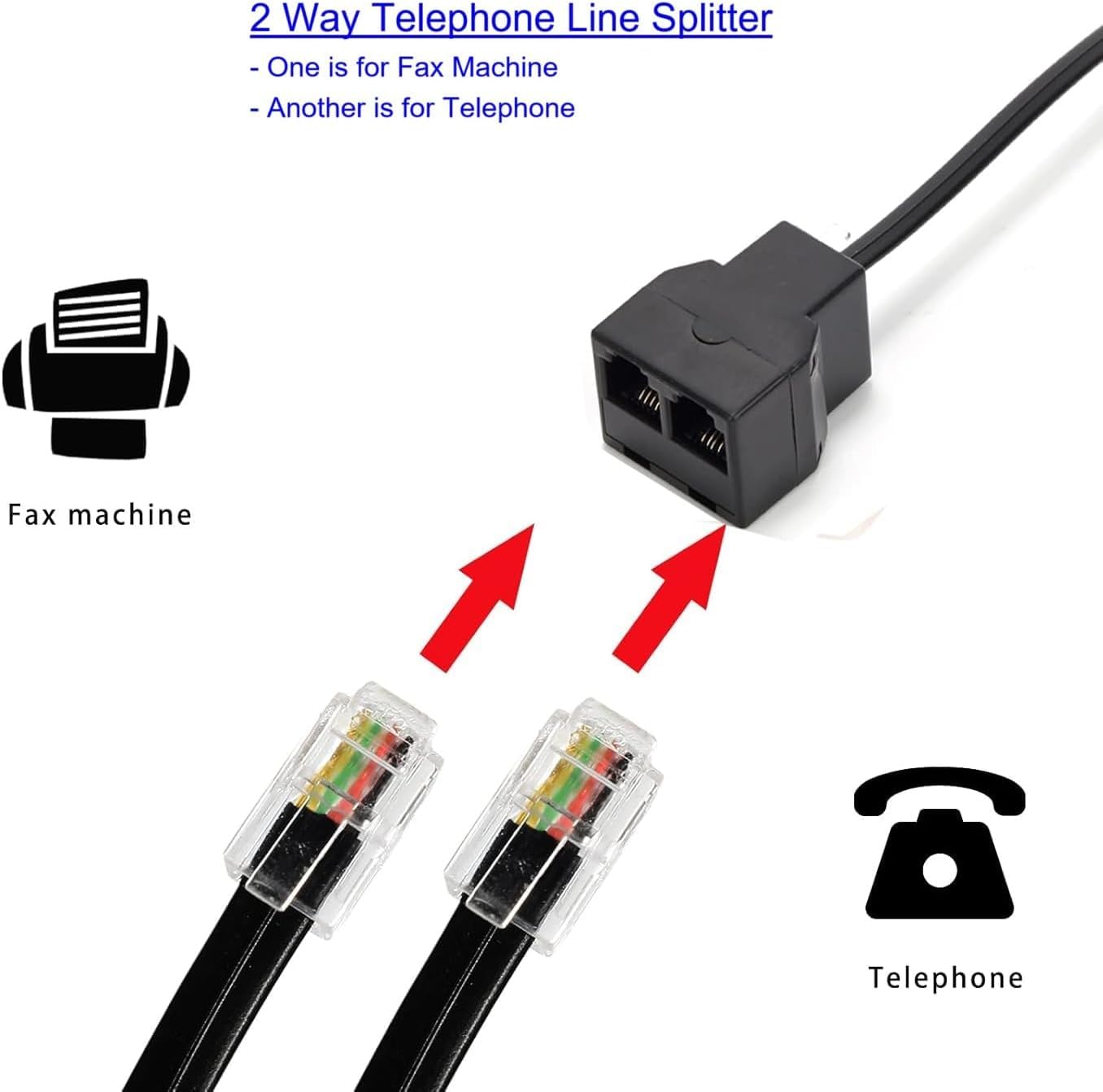 Cable de extensión de teléfono largo de 33 pies (10 m), negro, cable de línea de cable de teléfono con enchufe RJ11 estándar, 1 divisor de línea telefónica, acoplador de 1 en línea y 25 clips de cable
