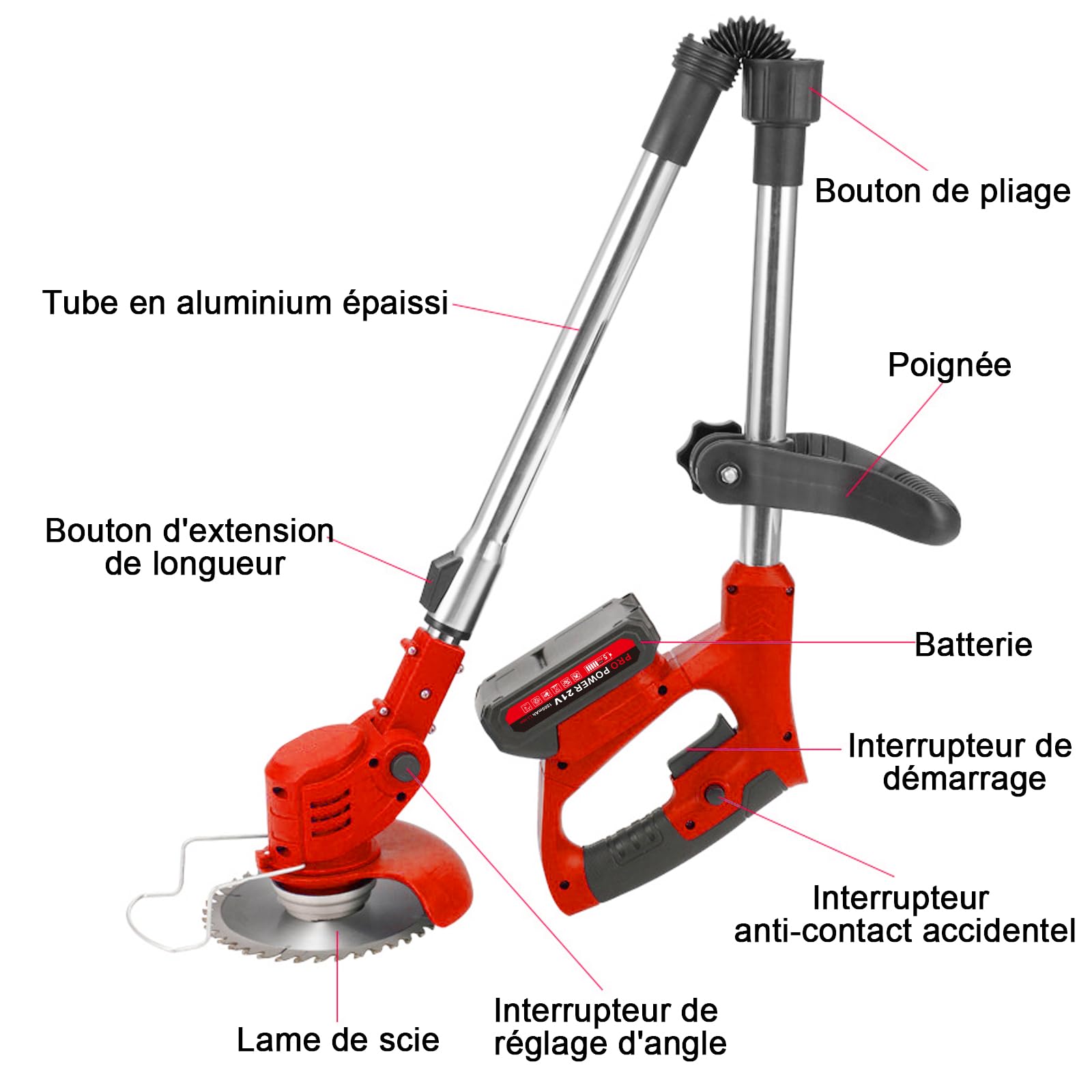 Debroussailleuse Electrique sans Fil Coupe Bordure 21V avec 2 Batteries 1.5Ah, Roues, 4 Type Lames, Poignée Réglable, Pliable, Tête Pivotante 90° pour Jardin Élagage