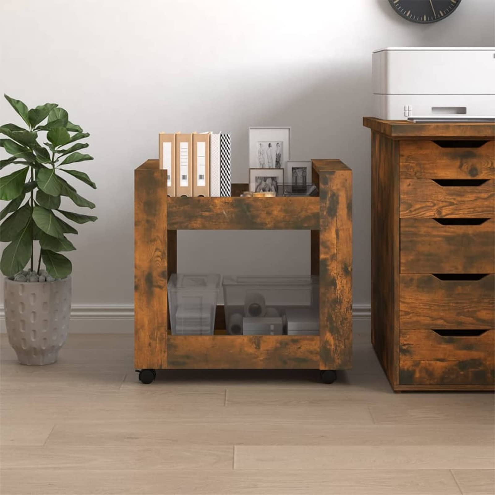 Homgoday Chariot d'appoint à roulettes, chariot manuel à 2 niveaux avec roulettes, chariot de bureau en contreplaqué, convient pour salle de bain, cuisine, buanderie, chêne fumé 60 x 45 x 60 cm
