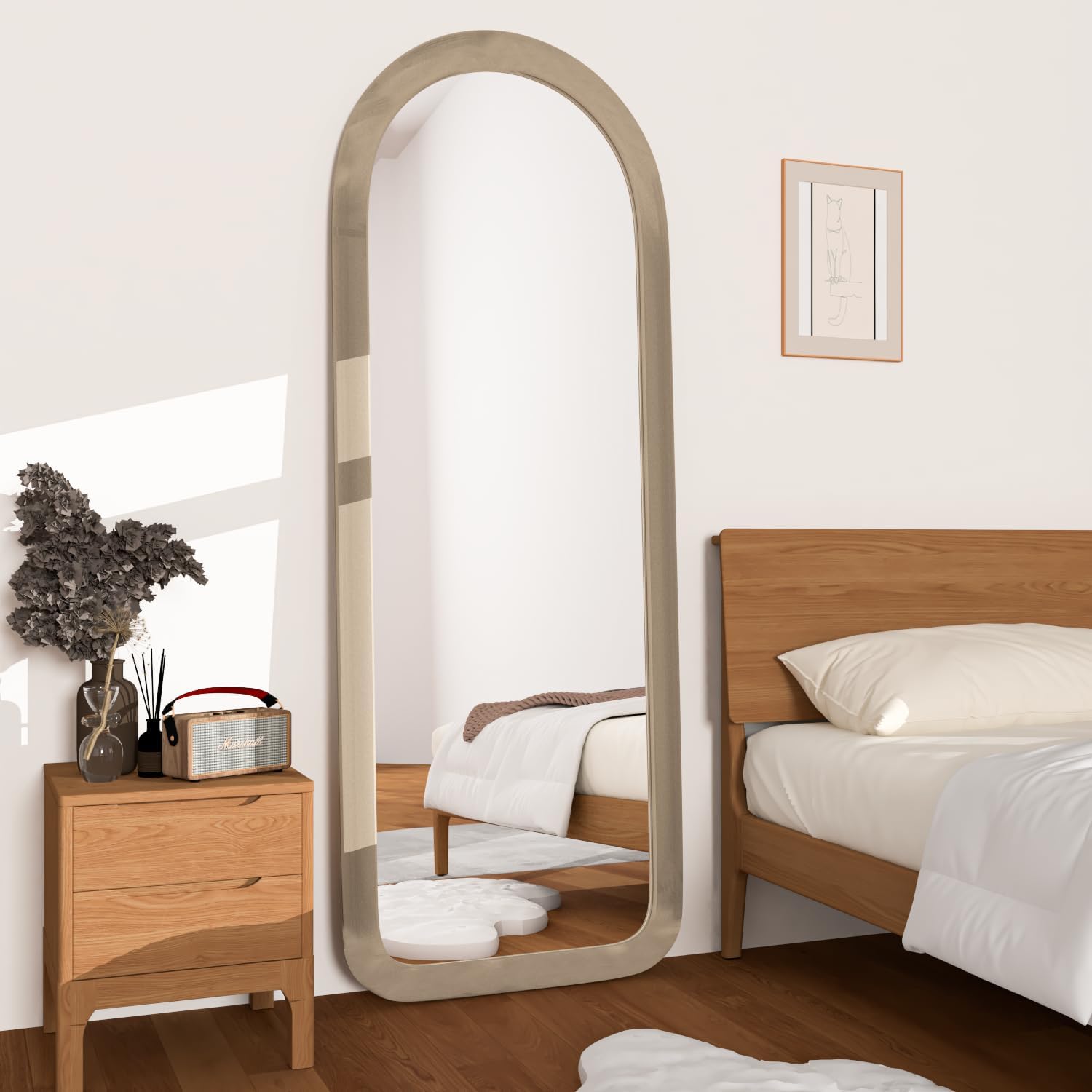 Full Length Mirror 56"x20" Arch Floor Mirror with Stand Arched Full Body Mirror Standing Hanging or Leaning Against Wall for Bedroom Flannel Wrapped Wooden Frame Milk Tea - Image 3