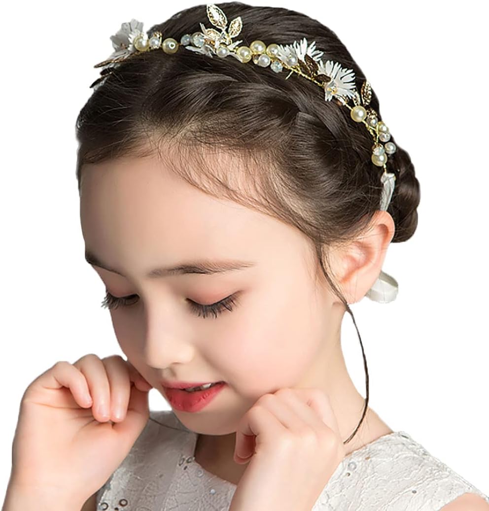 Woeoe Crystal Princess Wedding Headpiece Pearl Gold Flower Bride Hair Vines Rhinestone Leaf Bridal Hair Accessories for Flower Girls